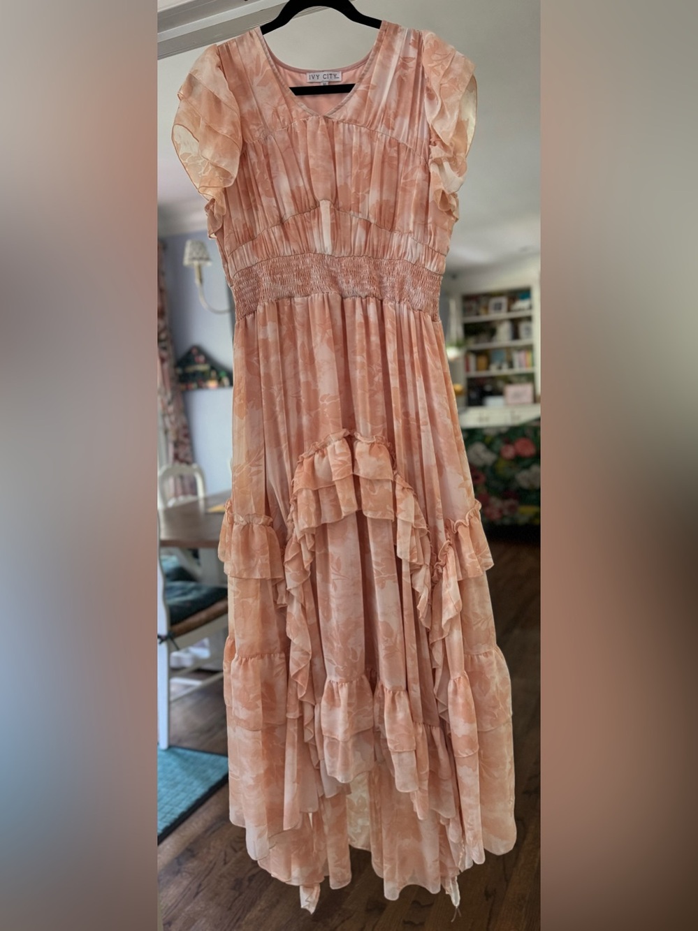 Ivy City Co Sweet Tea Dress Peach Floral Smocked High Low Ruffle